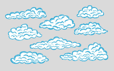 Hand drawn clouds. Pencil sketch sky cloudscape. Outline sketching cloud vintage vector engraved background. Cloudscape drawing, atmosphere doodle sketchy clouds illustration - Vector eps 10
