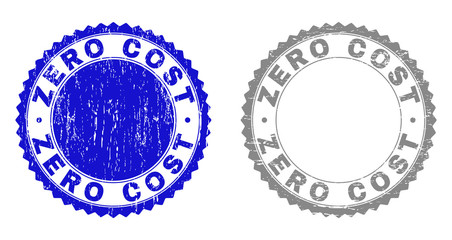 Grunge ZERO COST stamp seals isolated on a white background. Rosette seals with grunge texture in blue and grey colors. Vector rubber stamp imitation of ZERO COST label inside round rosette.