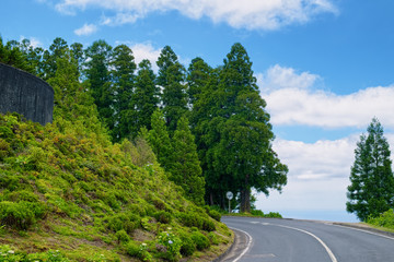 Fototapeta na wymiar A road across mountains, covered by greenery on Sao Miguel island of Azores, Portugal.