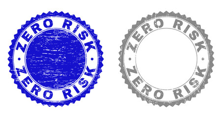 Grunge ZERO RISK stamp seals isolated on a white background. Rosette seals with distress texture in blue and gray colors. Vector rubber stamp imitation of ZERO RISK caption inside round rosette.
