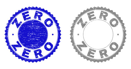 Grunge ZERO stamp seals isolated on a white background. Rosette seals with grunge texture in blue and grey colors. Vector rubber stamp imitation of ZERO caption inside round rosette.