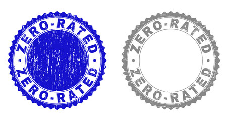 Grunge ZERO-RATED stamp seals isolated on a white background. Rosette seals with grunge texture in blue and grey colors. Vector rubber stamp imitation of ZERO-RATED tag inside round rosette.