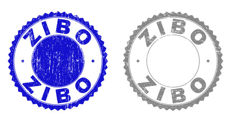 Grunge ZIBO stamp seals isolated on a white background. Rosette seals with grunge texture in blue and grey colors. Vector rubber stamp imprint of ZIBO tag inside round rosette.