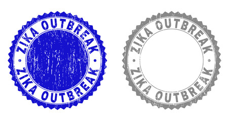Obraz premium Grunge ZIKA OUTBREAK stamp seals isolated on a white background. Rosette seals with distress texture in blue and grey colors. Vector rubber stamp imprint of ZIKA OUTBREAK text inside round rosette.
