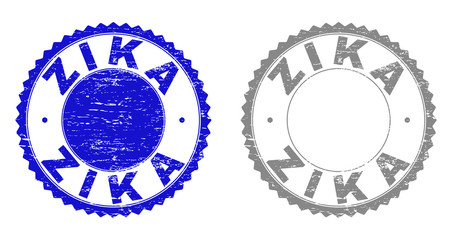 Grunge ZIKA stamp seals isolated on a white background. Rosette seals with distress texture in blue and gray colors. Vector rubber stamp imprint of ZIKA caption inside round rosette.