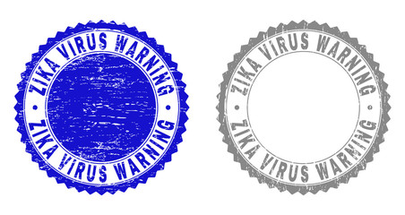 Grunge ZIKA VIRUS WARNING stamp seals isolated on a white background. Rosette seals with grunge texture in blue and grey colors. Vector rubber overlay of ZIKA VIRUS WARNING text inside round rosette.