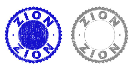 Grunge ZION stamp seals isolated on a white background. Rosette seals with grunge texture in blue and grey colors. Vector rubber overlay of ZION text inside round rosette.