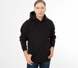 Man posing in black sweatshirt, black hoodies front isolated, mock up