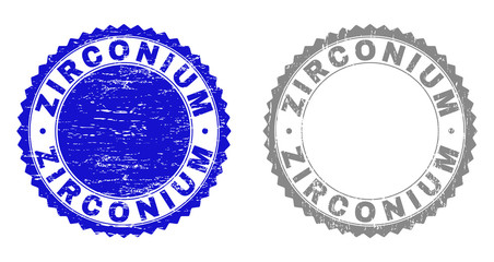 Grunge ZIRCONIUM stamp seals isolated on a white background. Rosette seals with grunge texture in blue and gray colors. Vector rubber stamp imitation of ZIRCONIUM label inside round rosette.