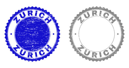 Obraz premium Grunge ZURICH stamp seals isolated on a white background. Rosette seals with grunge texture in blue and gray colors. Vector rubber watermark of ZURICH tag inside round rosette.