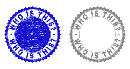 Grunge WHO IS THIS? stamp seals isolated on a white background. Rosette seals with grunge texture in blue and gray colors. Vector rubber stamp imprint of WHO IS THIS? text inside round rosette.