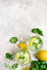 Homemade summer basil lemonade.Top view with copy space.