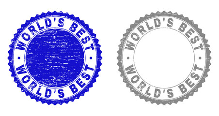 Obraz premium Grunge WORLD'S BEST stamp seals isolated on a white background. Rosette seals with grunge texture in blue and grey colors. Vector rubber watermark of WORLD'S BEST text inside round rosette.