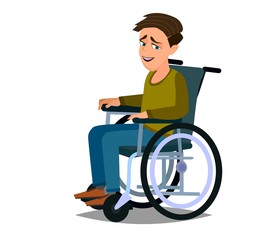 Cute disabled boy kid sitting in a wheelchair. Handicapped person. Colorful flat style cartoon vector illustration.