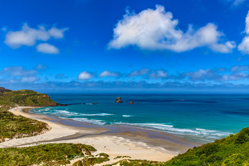 New Zealand, South Island. Otago Peninsula, Sandfly Bay. There is Lion's Head Rock, rock formation behind
