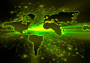 World map on a technological background, glowing lines symbols of the Internet, radio, television, mobile and satellite communications.