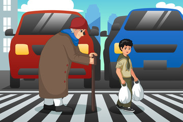 Boy Helping Old Lady Crossing Street Illustration
