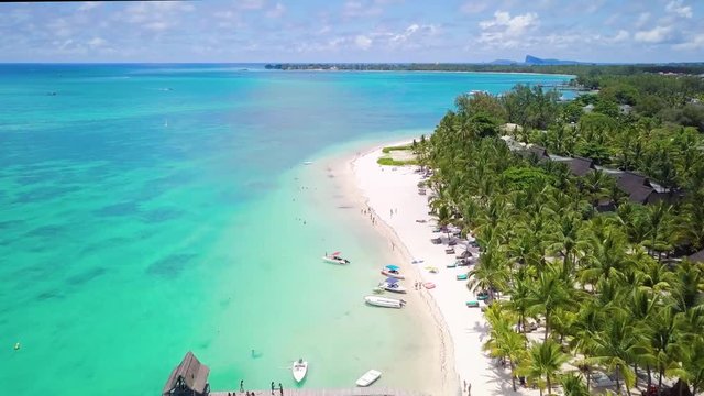 Aerial view of beautiful, exotic beach in Mauritus. Trou aux Biches, Mauritius island. The best beach of the world.