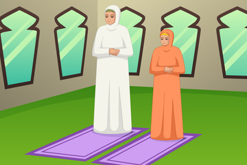 Muslim Mother and Daughter Praying Illustration
