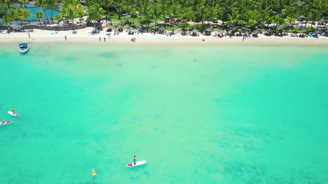 Aerial view of beautiful, exotic beach in Mauritus. Trou aux Biches, Mauritius island. The best beach of the world.