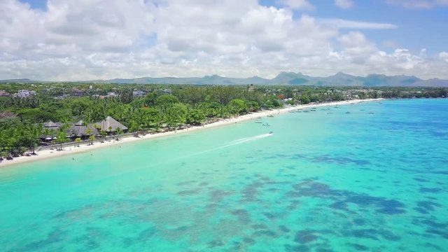 Aerial view of beautiful, exotic beach in Mauritus. Trou aux Biches, Mauritius island. The best beach of the world.