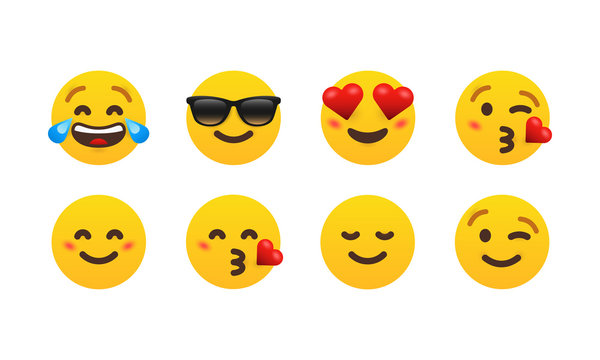 Emoticon emoji icon set, laugh, smile, cool, in love, kiss, wink social media message sms reaction vector EPS 10