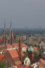 View from the tower of the church of Saint Elizabeth to the Cathedral, Ostrów Tumski, old town, churches, tenements, blocks of flats, the Olympic Stadium. Wrocław, Breslau, Wroclaw, Poland, Polen