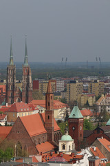 Obraz premium View from the tower of the church of Saint Elizabeth to the Cathedral, Ostrów Tumski, old town, churches, tenements, blocks of flats, the Olympic Stadium. Wrocław, Breslau, Wroclaw, Poland, Polen