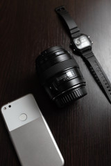 mobile telephone, photo lens and watch
