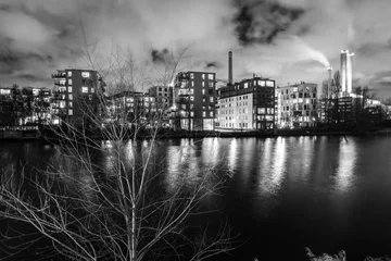 Photo sur Aluminium Noir et blanc Vue de bâtiments de paysage urbain de nuit de Berlin