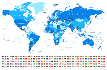 Fototapeta na wymiar Blue World Map and Flags - borders, countries and cities -illustration