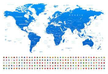Fototapeta na wymiar Blue World Map and Flags - borders, countries and cities -illustration