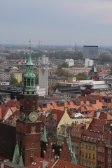 Fototapeta premium Warm, spring day in Wroclaw. View from the tower of the church of St. Elisabeth to the town hall, market square, old town, tenements, buildings. Wrocław, Breslau, Lower Silesia, Poland, Polen, Polska