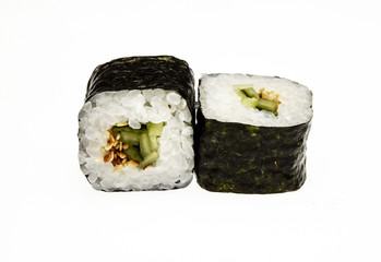 Sushi menu. Close-up photo of traditional japanese sushi rolls, isolated on a white background