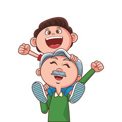 grandfather carrying grandson smiling