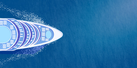Nose of cruise ship top view on blue sea illustration - obrazy, fototapety, plakaty