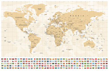 World Map and Flags - borders, countries and cities - vintage illustration