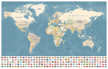 Mapa świata i flagi - granice, kraje i miasta - obrazy, fototapety, plakaty