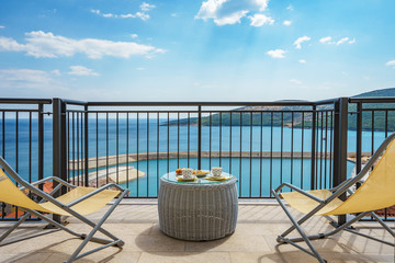 Spacious terrace in the villa with sea view. The terrace offers view on the roofs of the elite...