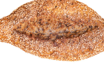 The texture of the crust of bread. Tasty fresh bread, close up. Macro of a french loaf showing the texture of the crust baked brown and golden. Flat lay. Food concept. A place for your inscription