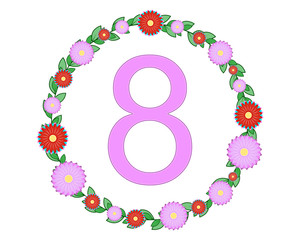 Beautiful spring branch in a circle with flowers and leaves, in the center of the figure eight. Vector scenery for women s day