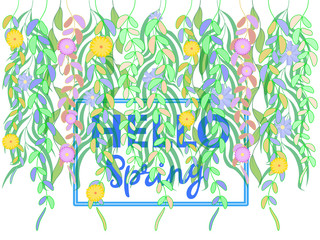 Spring greeting on a white background multicolored twigs with flowers and leaves hanging down and the text in the frame Hello Spring. Vector illustration.