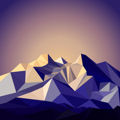Image  snow mountains peak banner. Polygonal art. Blue, violet and yellow  tones.