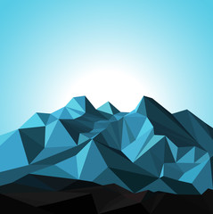 Snow mountains peak banner. Polygonal art. Blue tones of mountains. Blue sky.