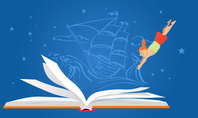 Little girl diving in an open book, old-time sailing ship on the background, EPS 8 vector illustration