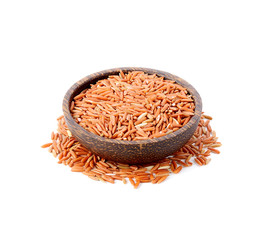 Brown rice in wooden bowl  isolated on white blackground