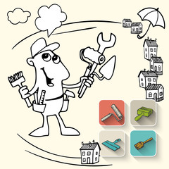 worker character such as repairman with Idea bulb, man standing with a set of tools for repair in the hands. set of icons with tools and houses