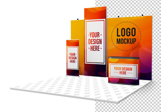 Kiosk with Banners and Backgrounds Mockup