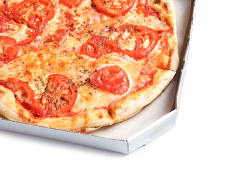 Carton box with hot cheese pizza Margherita on white background, closeup