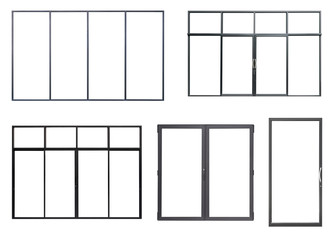 Real black modern windows set isolated on white background, various office frontstore frames...